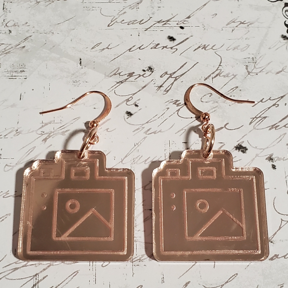 Rose Gold Mirrored Acrylic Camera Earrings